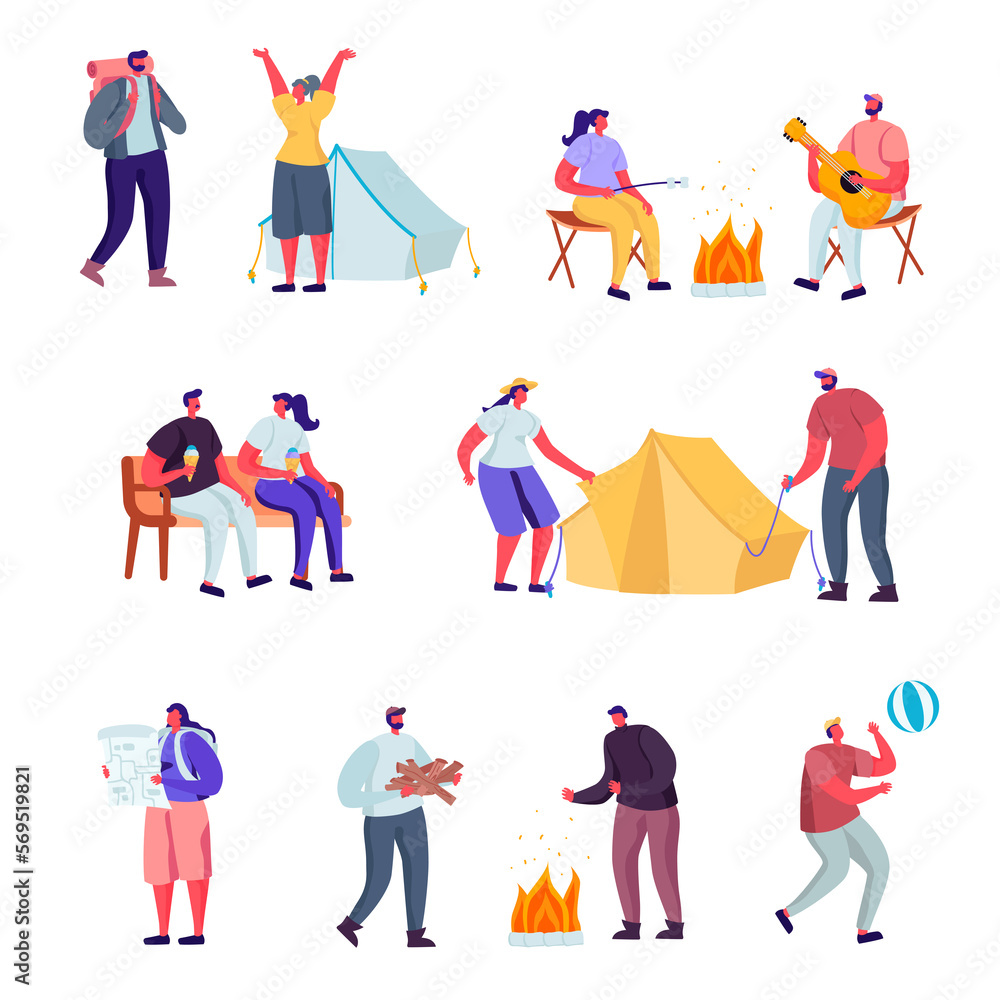 Set of Flat Active Lifestyle Outside The City in Summer Camp Characters. Cartoon People Touristic Hiking, Riding Hoverboard, Doing Yoga Outdoors, Walking with Pet. Illustration.