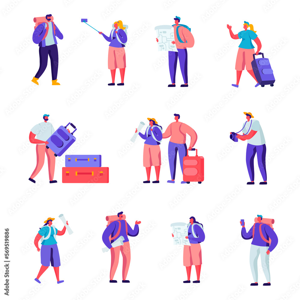 Set of Flat Tourists Traveling Around the World Characters. Cartoon People Couple with Luggage Watching Map, Making Selfie, Visiting and Photographing. Illustration.