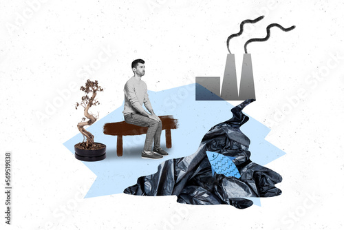 Photography Creative magazine poster collage of sad guy sit bench look air pollution climate