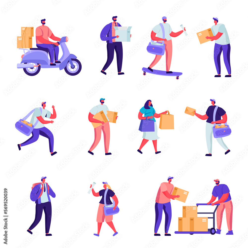 Set of Flat Postal Delivery Service Characters. Cartoon People Deliver Parcels, Postcards, Mail Around the World By Land and Air Transport. Illustration.