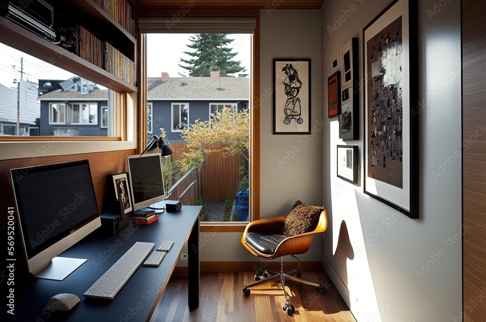 Fototapeta premium illustration of small house interior design, office area use double-duty furniture in limit space, contemporary design close to nature concept , Generative Ai