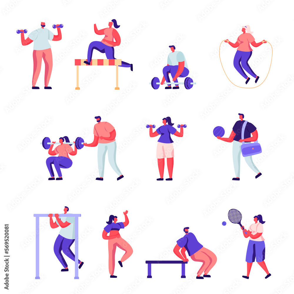 Set of Flat Professional Sport Activities Characters. Cartoon Male and Female Sportsmen, High Jump, Vaulting Horse, Pole Jumping, Core Shot, Gymnastics Exercises. Illustration.