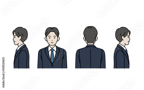 様々な方向を向いたスーツ姿の若い男性のイラストセット