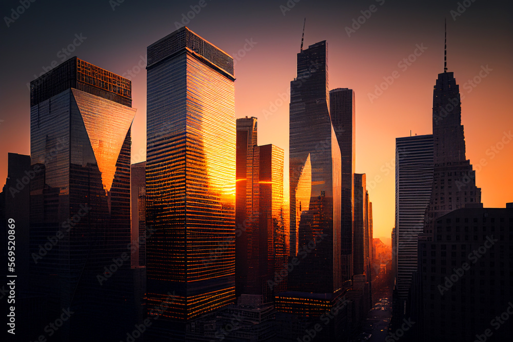 New York city skyscrapers. New York skyscraper at sunset, aerial view. NYC Cityscape financial district. Building in New York One World Trade Center. United States Ai Generative illustration.