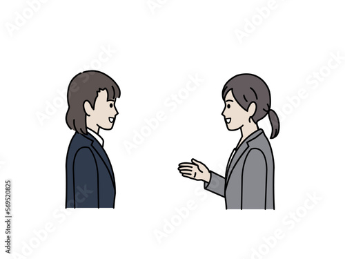 会話をするスーツ姿の女性のイラスト　話し合い　コミュニケーション