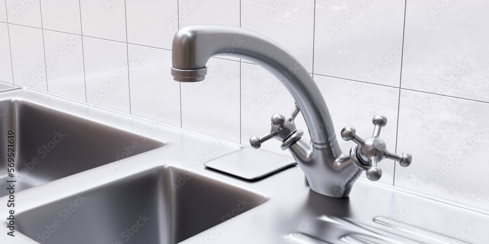 Stainless steel kitchen sink, water tap, white tile wall background. Close up above view. 3d render Stainless steel kitchen sink, water tap, white tile wall background. Close up above view. 3d render