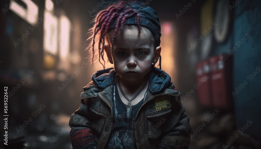 A fictional person. Cyberpunk baby fashion concept. Generative AI A fictional person. Cyberpunk baby fashion concept. Generative AI
