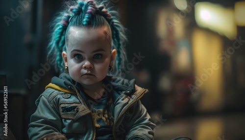 A fictional person. Cyberpunk baby fashion concept. Generative AI