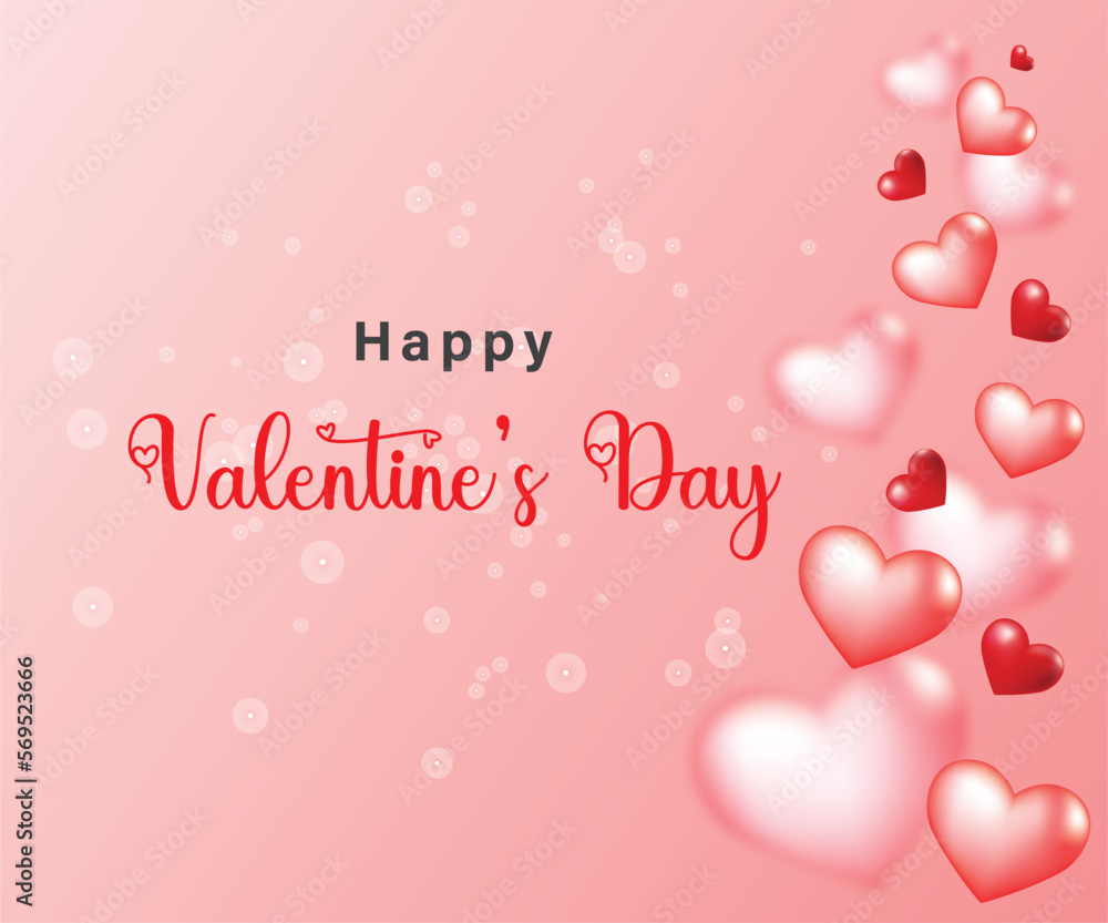 Happy Valentines Day banner with 3d red heart balloons, gold metal shapes and light bulbs on pink background. Gift card, love party, invitation voucher design, poster template, place for text Happy Valentines Day banner with 3d red heart balloons, gold metal shapes and light bulbs on pink background. Gift card, love party, invitation voucher design, poster template, place for text