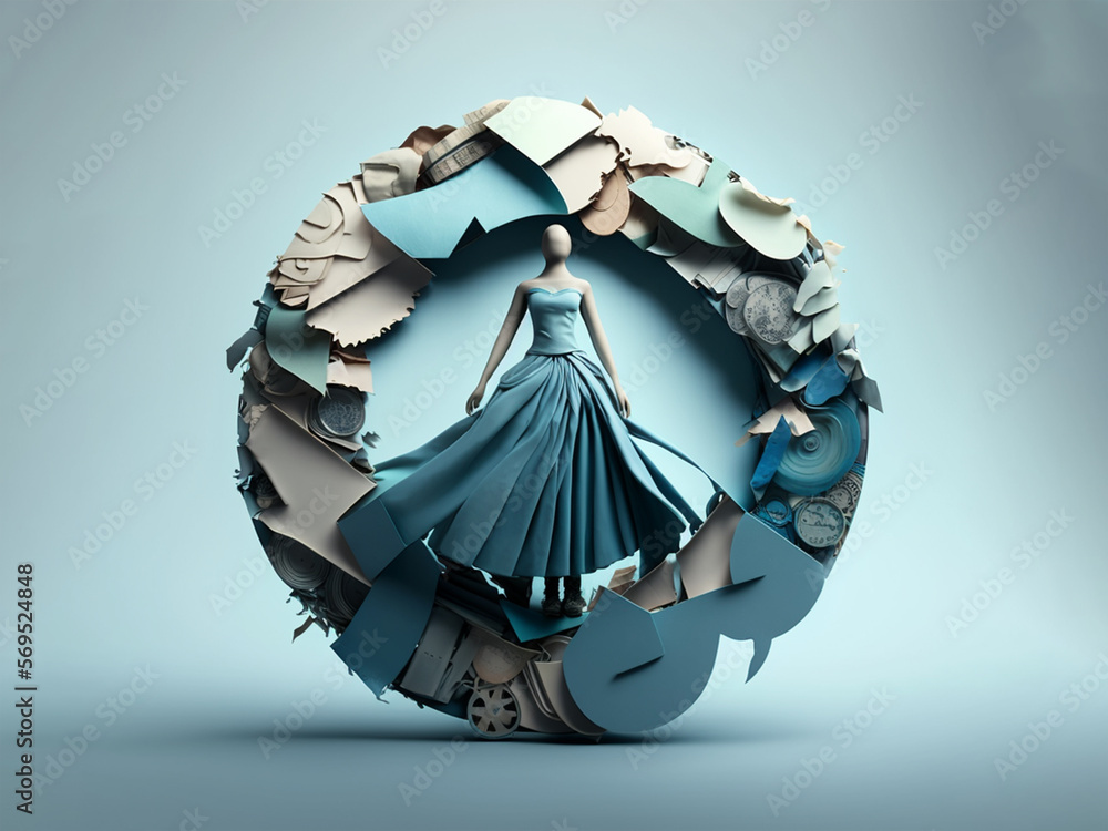 generative IA: reused clothing sphere with a dress in the centre recycled, reuse is necessary, generate zero waste.