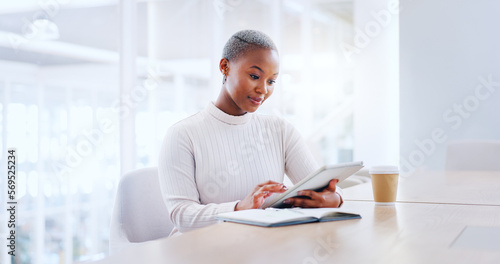 Black woman, business tablet and company employee on office tech typing a work email. Black woman, marketing worker and digital social media scroll of a person working and reading internet data