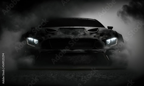 Imagined powerful sport car in the fog and smoke. Stylized front shot. AI generated. © DmitriRich