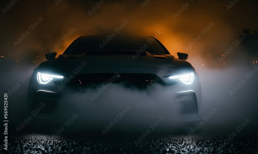 Imagined powerful sport car in the fog and smoke. Stylized front shot. AI generated. Imagined powerful sport car in the fog and smoke. Stylized front shot. AI generated.