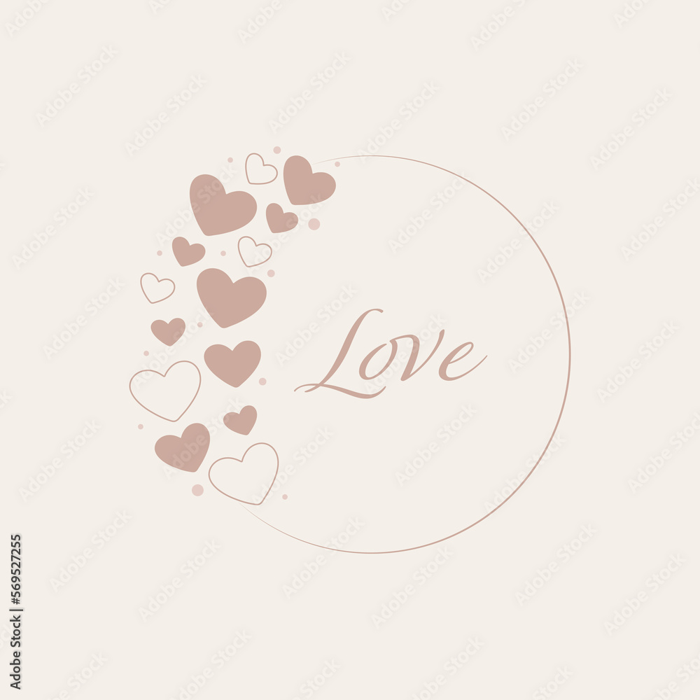 Valentine's Day greeting cards. Love, wreath with hearts, beige.
