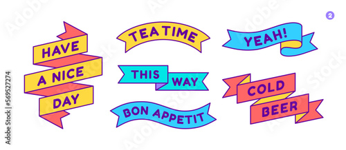 Ribbon Banner. Set color ribbon banner with text, phrase. Color isolated vintage old school silhouette ribbon different form. Graphic elements for design message. Vector Illustration