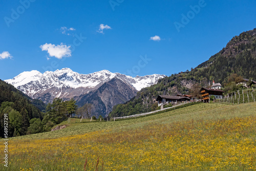 Blick auf die malerisch gelegene Ortschaft Gomion im Passeiertal in den Südtiroler Alpen, Italien