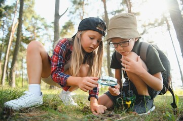 kids in green forest playing,concept of kids vacations and travel