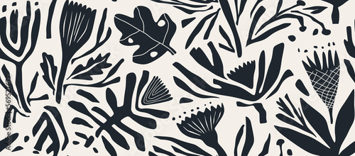 Hand drawn minimal abstract organic shapes seamless pattern, leaves and flowers.