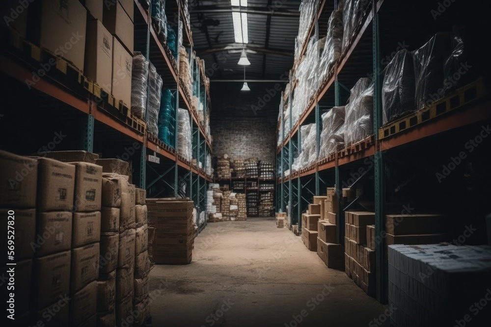 Fototapeta premium A well organised warehouse with material to organise events. generative a