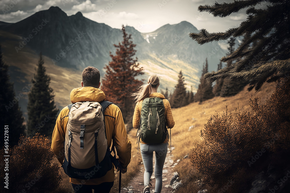 couple de randonneurs avec sac à dos avec paysage de montagne - illustration ia couple de randonneurs avec sac à dos avec paysage de montagne - illustration ia