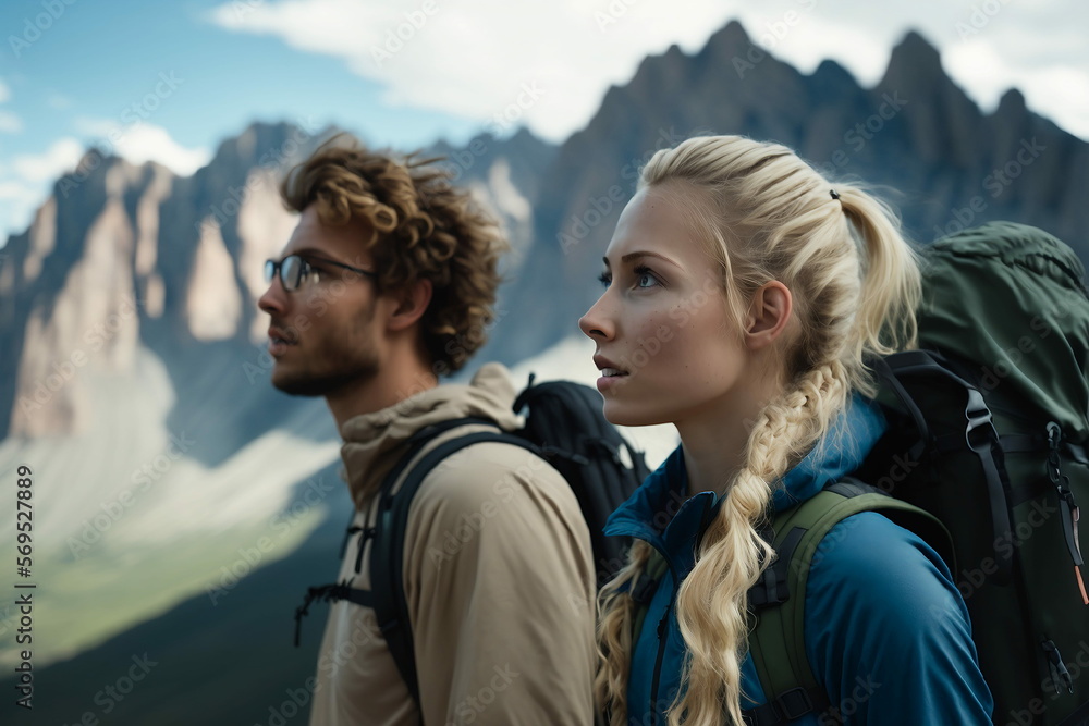 couple de randonneurs avec sac à dos avec paysage de montagne - illustration ia couple de randonneurs avec sac à dos avec paysage de montagne - illustration ia
