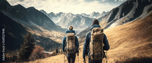 couple de randonneurs avec sac à dos avec paysage de montagne - illustration ia