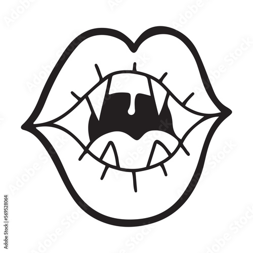Funny smiling vampire lips with fangs, hand drawn in line style, bold outline, isoalted vector illustration
