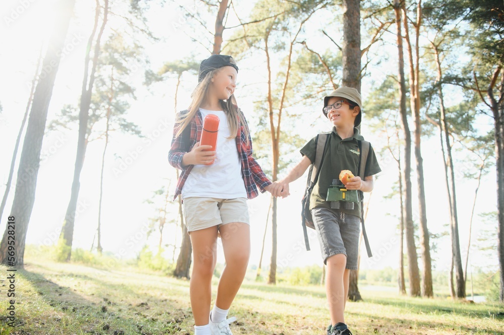 Fototapeta premium Little boy and girl go hiking on a forest road