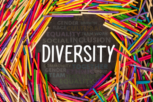 Diversity words collage with multi coloured matchsticks around