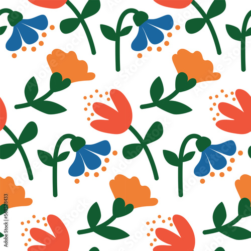 Seamless botanical pattern with hand drawn flowers and leaves. Abstract floral texture. Wrapping paper.