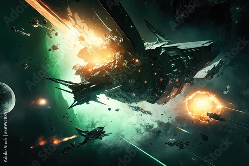 extremely crowded spaceship battle scene near a space-warping black hole. crisp intricate detail. vibrant. sharp white outlines. very emissive lasers and engine trails and green plasma. generative ai