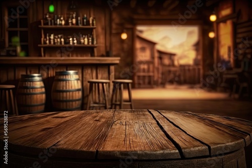 Photo Wild West Wood Table, Saloon Table Mockup for Product Display, Perspective Templ