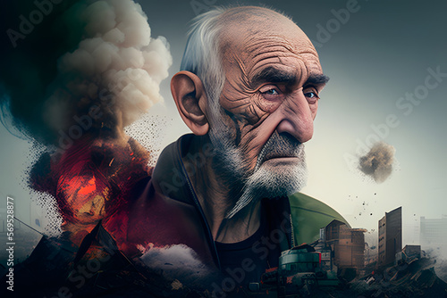 Illustration old man and background with destroyed city clouds Generative AI, AI Generative, Illustration AI, AI Illustration