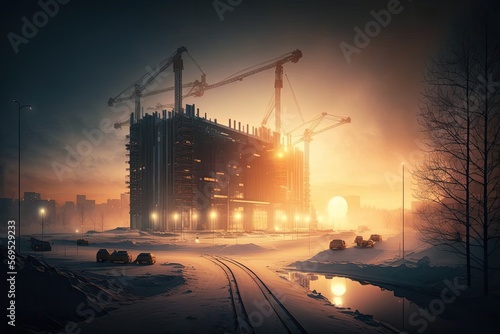 modern city construction site at dawn photographed. environmental lighting generative ai