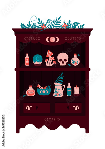 Cupboard with witchcraft esoteric magical objects. Witch mystical items, skull, crystal ball, kandle, mushrooms, vial, witch hat, magic herbs. Dark modern flat illustration.
