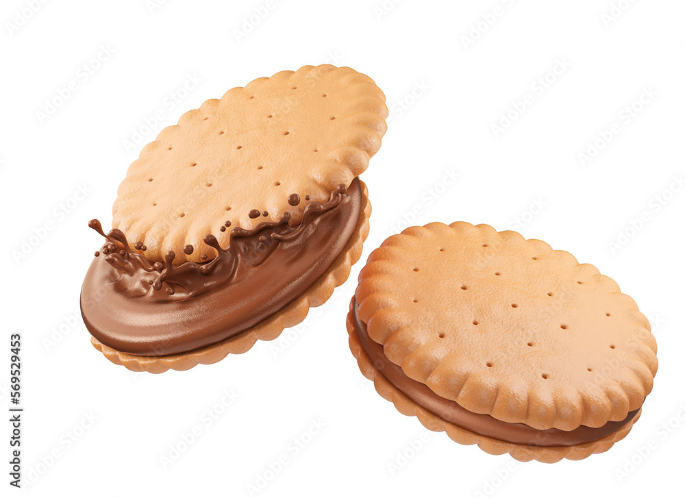 Sandwich cookies with chocolate splash, 3d illustration. Sandwich cookies with chocolate splash, 3d illustration.