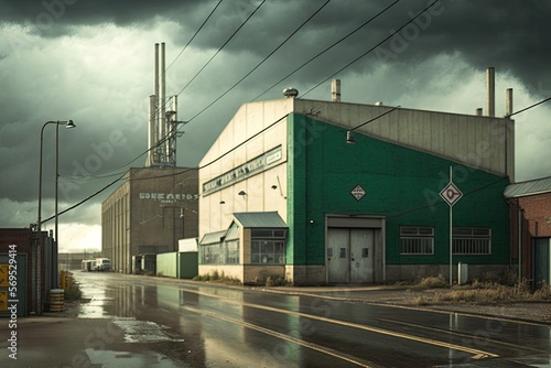 planimetric color photograph of modern bolton industrial scene. clean lines. detailed. bad weather. bright sunlight generative ai