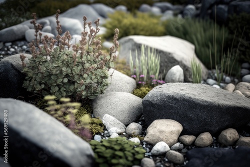 scandinavian style rock garden, photography, high detail generative ai