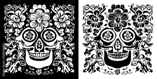 Abstract floral skull design. Reversed colors. Monochromatic