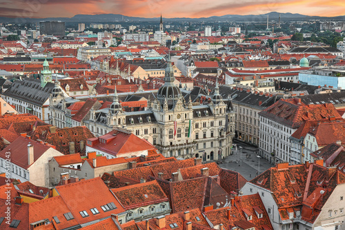 Beautiful panoramic view to the old town of Graz, popular travel destination in Austria