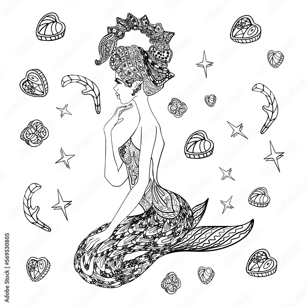 Antistress coloring page. Amazing mermaid with magic tail and hair in ...