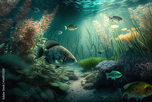 Underwater sea landscape with fishes  corals  marine plants and animals. Generative Ai art. Illustration of tropical ocean ore lake bottom scene with seaweed  aquatic fauna 
