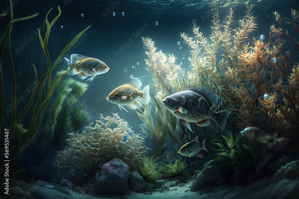 Underwater sea landscape with fishes, corals, marine plants and animals. Generative Ai art. Illustration of tropical ocean ore lake bottom scene with seaweed, aquatic fauna Underwater sea landscape with fishes, corals, marine plants and animals. Generative Ai art. Illustration of tropical ocean ore lake bottom scene with seaweed, aquatic fauna