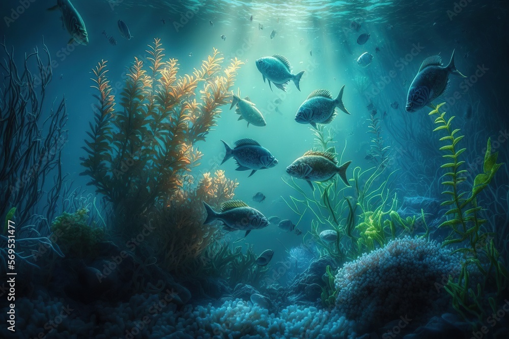 Fototapeta premium Underwater sea landscape with fishes, corals, marine plants and animals. Generative Ai art. Illustration of tropical ocean ore lake bottom scene with seaweed, aquatic fauna