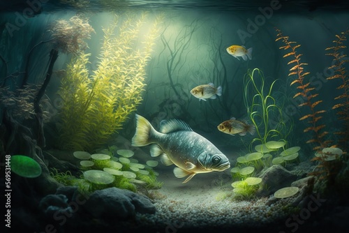 Underwater sea landscape with fishes, corals, marine plants and animals. Generative Ai art. Illustration of tropical ocean ore lake bottom scene with seaweed, aquatic fauna 