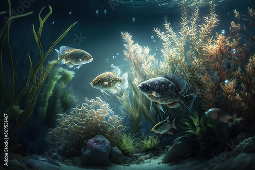 Underwater sea landscape with fishes, corals, marine plants and animals. Generative Ai art. Illustration of tropical ocean ore lake bottom scene with seaweed, aquatic fauna 