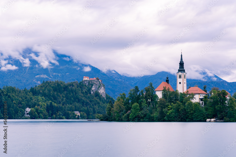 lake bled Slovenia Europe island church water cloudy scenic nature mountains