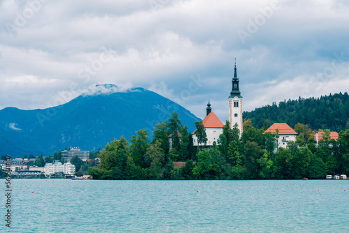 Fototapeta Naklejka Na Ścianę i Meble -  lake bled Slovenia Europe island church water cloudy scenic nature mountains