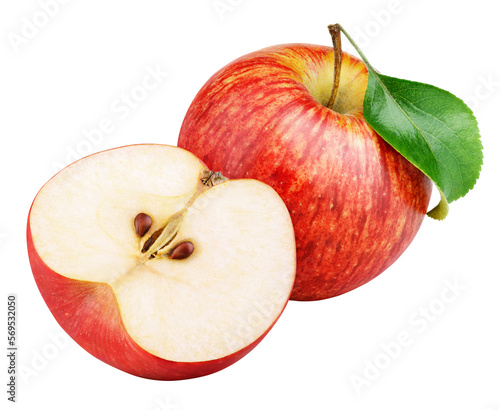 Ripe red apple fruit with apple half and green leaf isolated on transparent background. Apples and leaf
