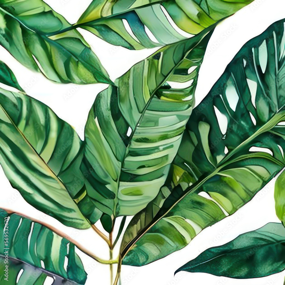 Fototapeta Tropical leaves on a white background, watercolor. AI generated.